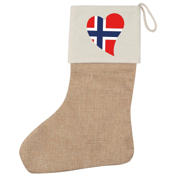 Weihnachtsstrumpf Norwegen Flagge Herz Beige Jute