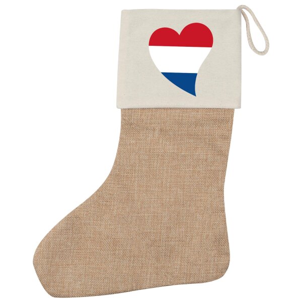 Weihnachtsstrumpf Niederlande Flagge Herz Beige Jute