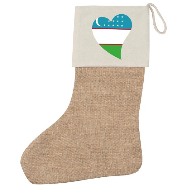 Weihnachtsstrumpf Usbekistan Flagge Herz Beige Jute