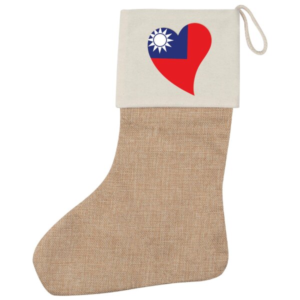 Weihnachtsstrumpf Taiwan Flagge Herz Beige Jute