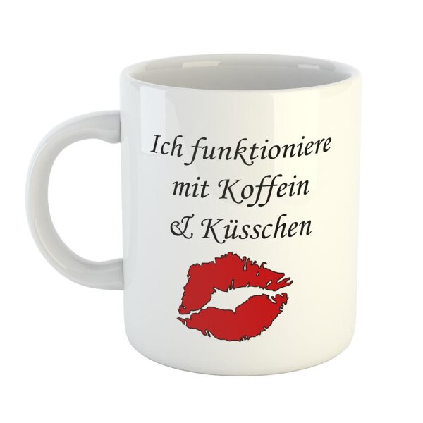Kaffeetasse Ich funktioniere Koffein und Küsschen Weiß 330ml
