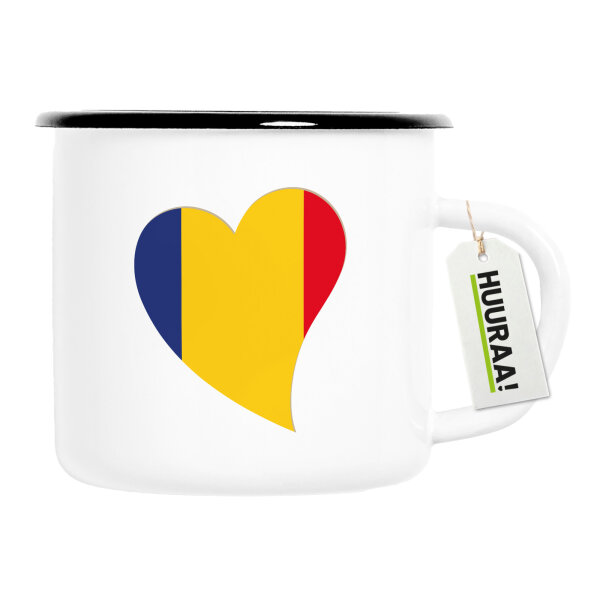 Emaille Tasse Rumänien Flagge Herz 300ml Vintage