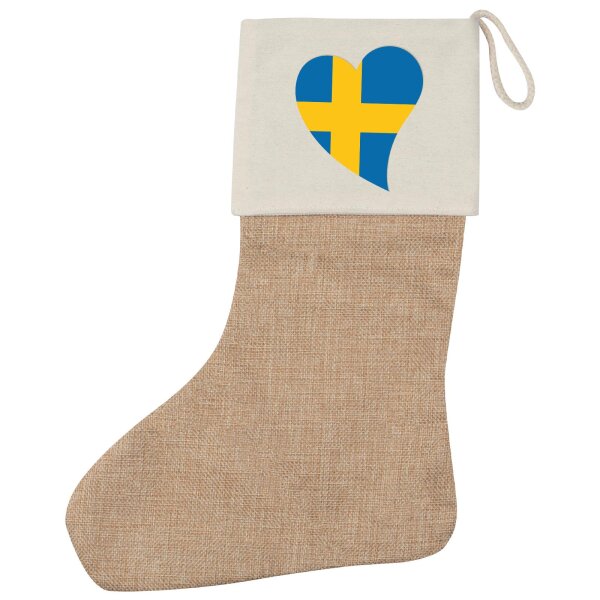 Weihnachtsstrumpf Schweden Flagge Herz Beige Jute