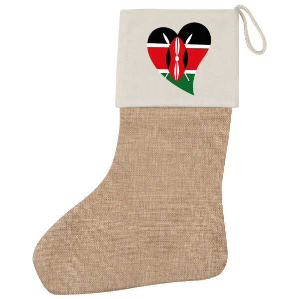Weihnachtsstrumpf Kenia Flagge Herz Beige Jute