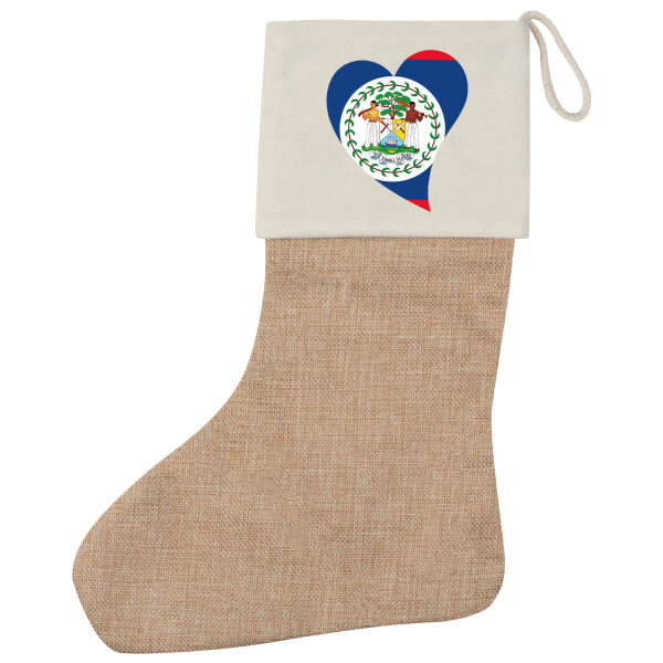 Weihnachtsstrumpf Belize Flagge Herz Beige Jute