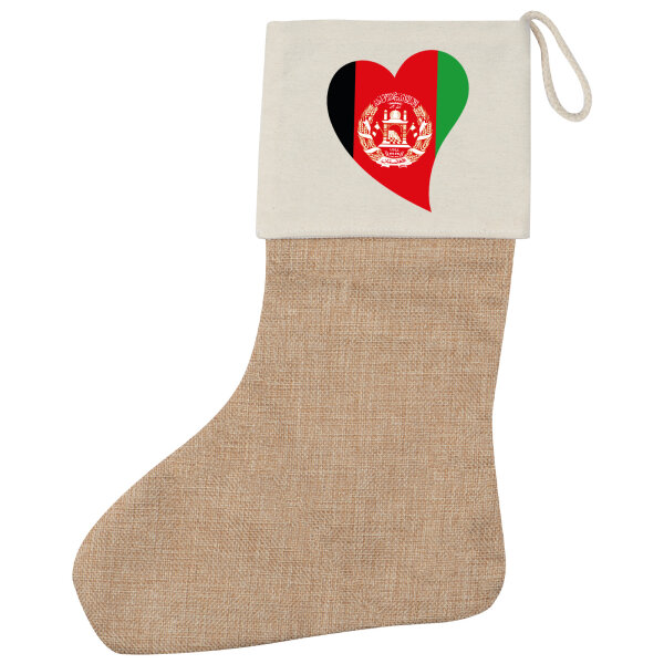 Weihnachtsstrumpf Afghanistan Flagge Herz Beige Jute