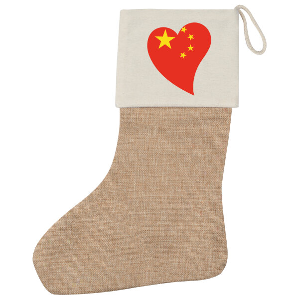Weihnachtsstrumpf China Flagge Herz Beige Jute