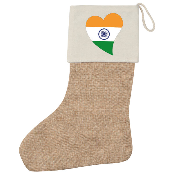 Weihnachtsstrumpf Indien Flagge Herz Beige Jute