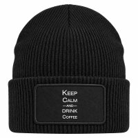 Beanie mit Patch Keep calm and drink coffee Schriftzug Black