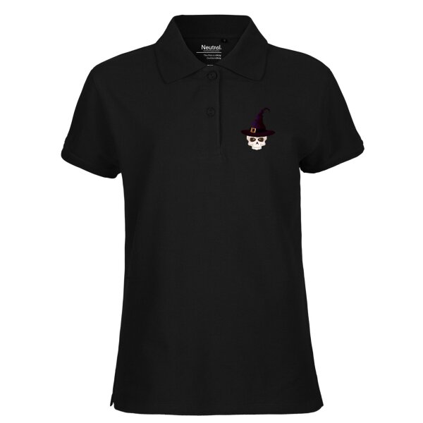 Damen Polo Shirt Hexenhut mit Totenkopf