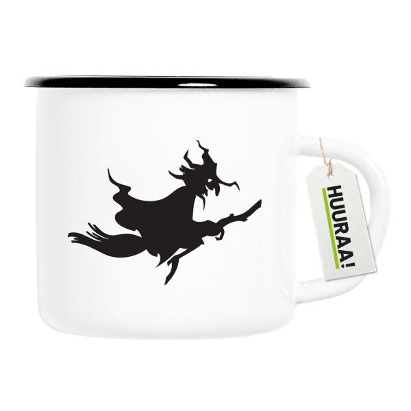 Emaille Tasse Fliegende Hexe Silhouette 300ml Vintage