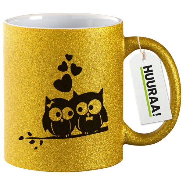 Glitzertasse Eulenpaar Herzen 330ml