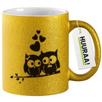 Glitzertasse Eulenpaar Herzen 330ml