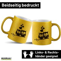 Glitzertasse Eulenpaar Herzen 330ml