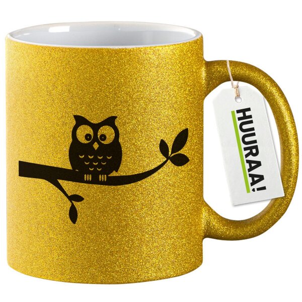 Glitzertasse Eule auf Ast Comic 330ml