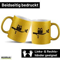 Glitzertasse Eule auf Ast Comic 330ml